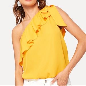 Asymmetrical Flounce Trim Knot One Shoulder Top